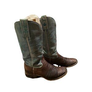 Tin Haul Aztek 7.5 western teal and tan Authentic Cowgirl Worn Distressed